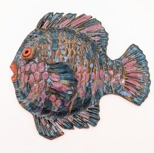 Handmade Earthenware Blue Purple Fish Sculpture Wall Hanging